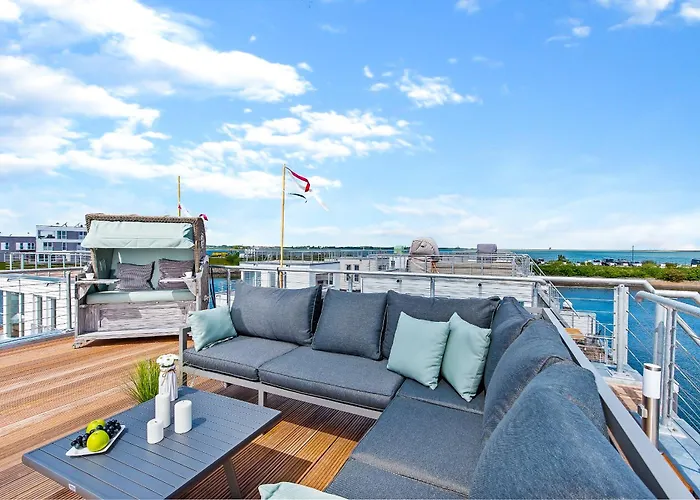 5 Beaufort - Wasserhaus, Meerblick, Sauna, Dachterrasse, Bootsanleger, Strandkorb *